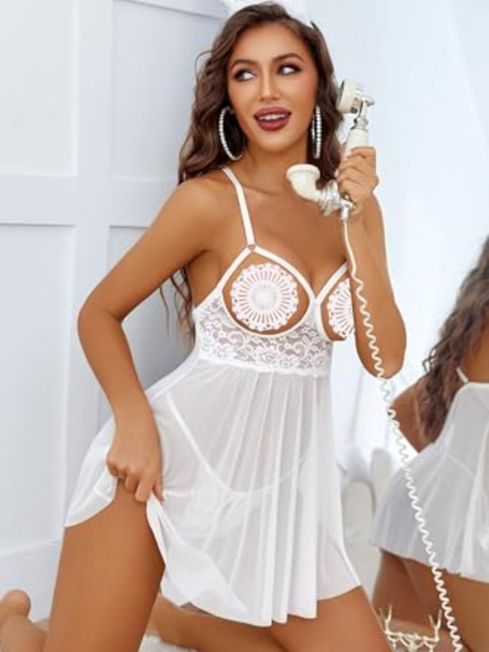 Sexy 3 Piece Lingerie Set Mesh Strap Babydoll and Lace Kimono Robe with Lace Tho - Picture 3 of 6